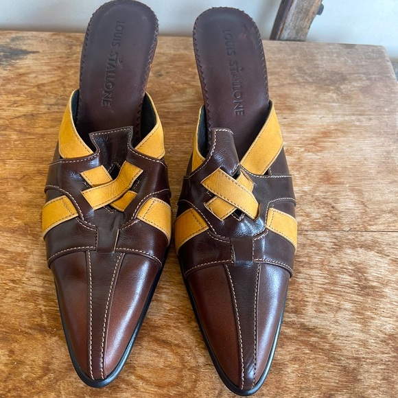 LOUIS STALLONE Brown & Gold Leather Mule Slide Heels Woman’s Sz 39 ITALY NEW! - Picture 3 of 11